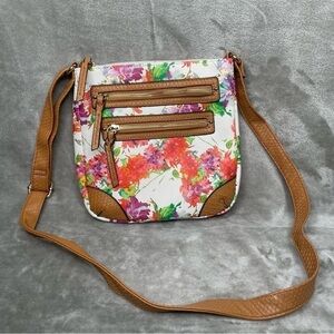 Apt 9 Floral Crossbody Bag Zipper Pockets Tan Strap Spring Summer Purse